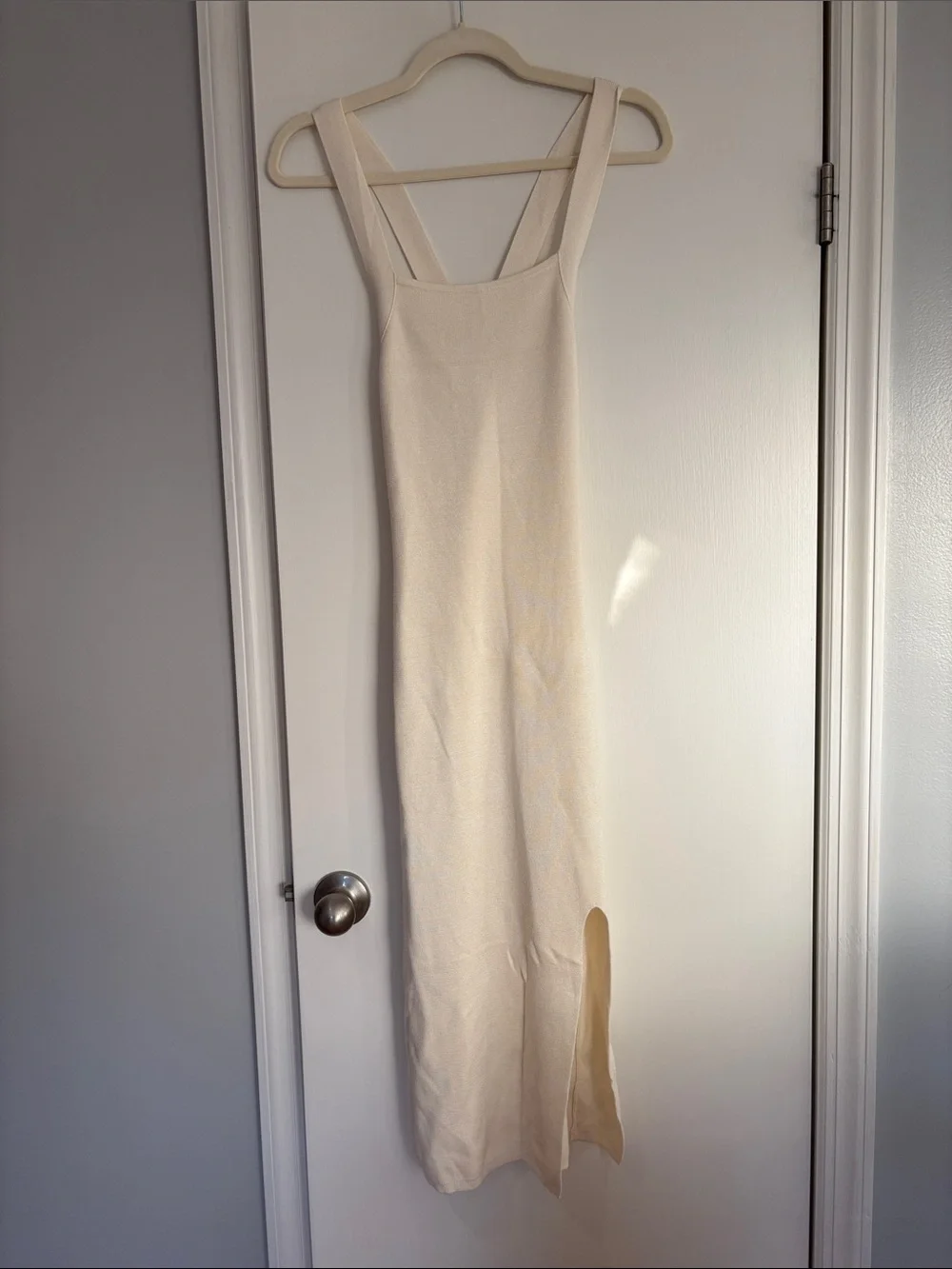 Abercrombie & Fitch Cream Ribbed Maxi Dress with Side Slit
